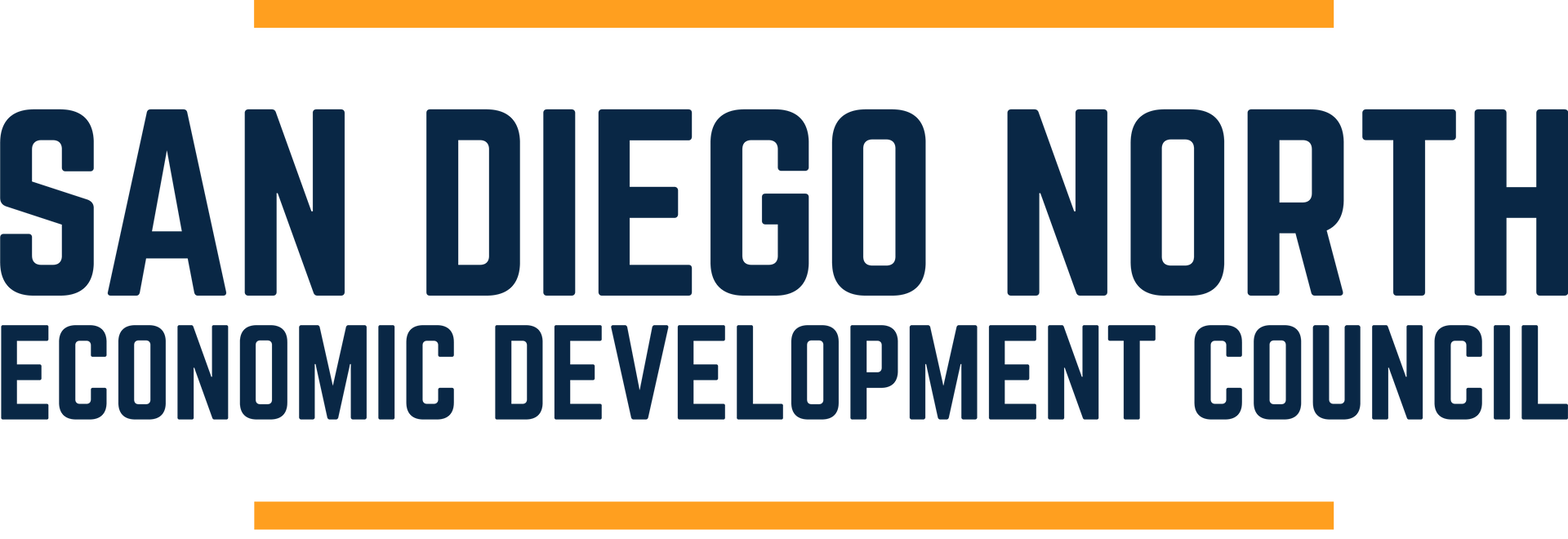 Logo for the San Diego North Economic Development Council: navy text on white, orange bars above and below.
