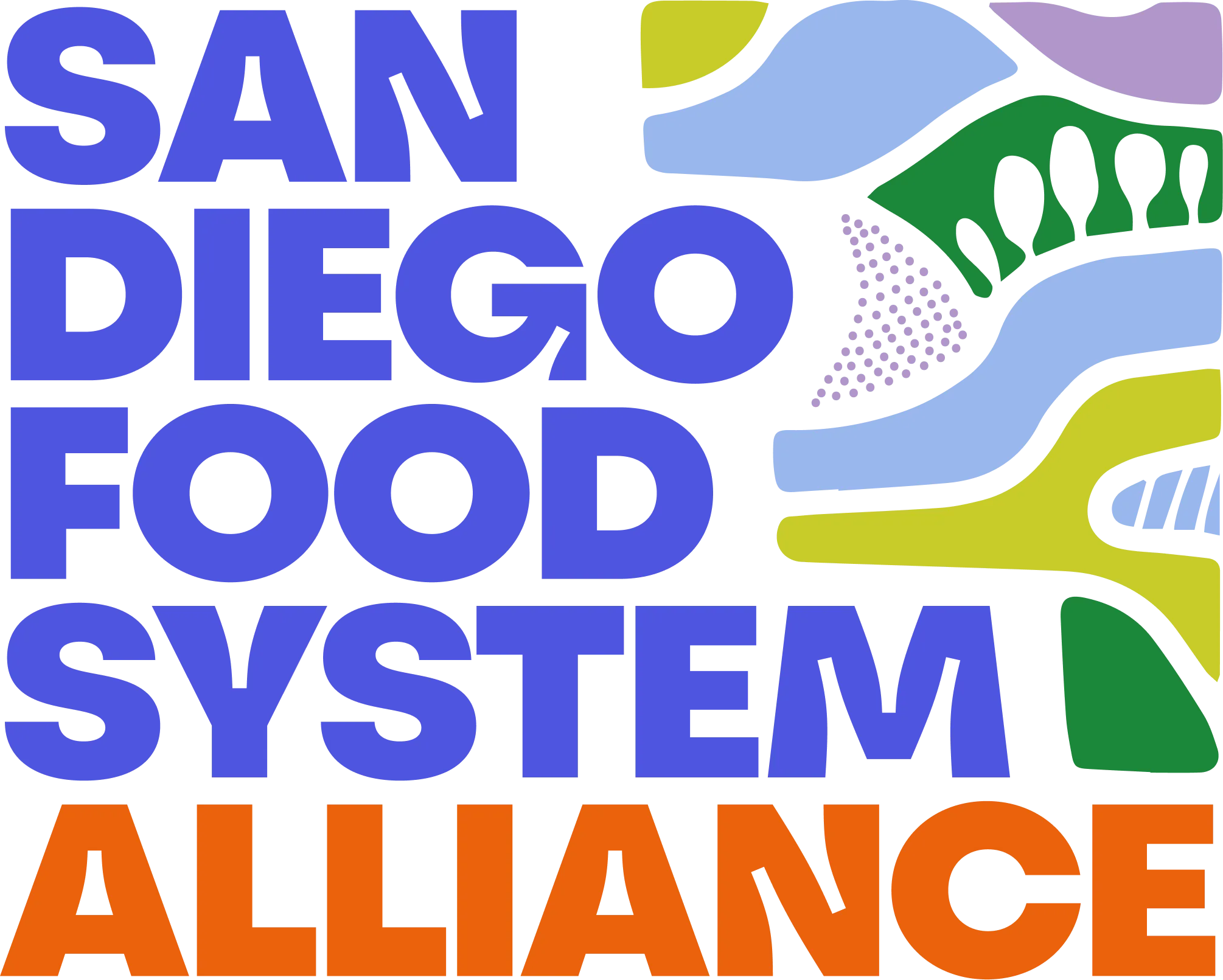 San Diego Food System Alliance logo: Blue text on white, abstract shapes. Orange text at the bottom.