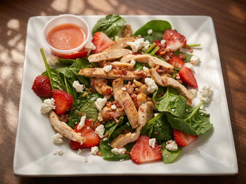A square plate holding a spinach salad with grilled chicken slices, strawberries, crumbled cheese, and a side of dressing.