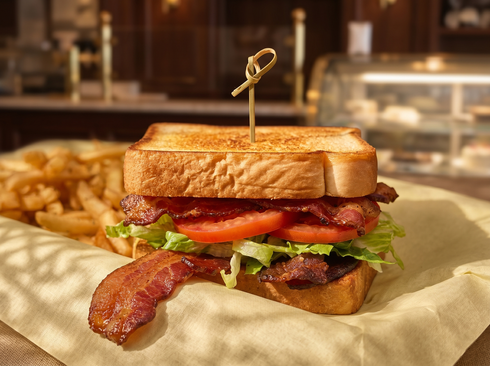A BLT sandwich with crispy bacon and fries on a paper-lined basket in a restaurant setting.