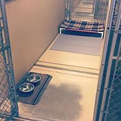Empty large dog kennel with bed