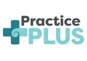 A logo for practice plus with a blue cross on a white background.