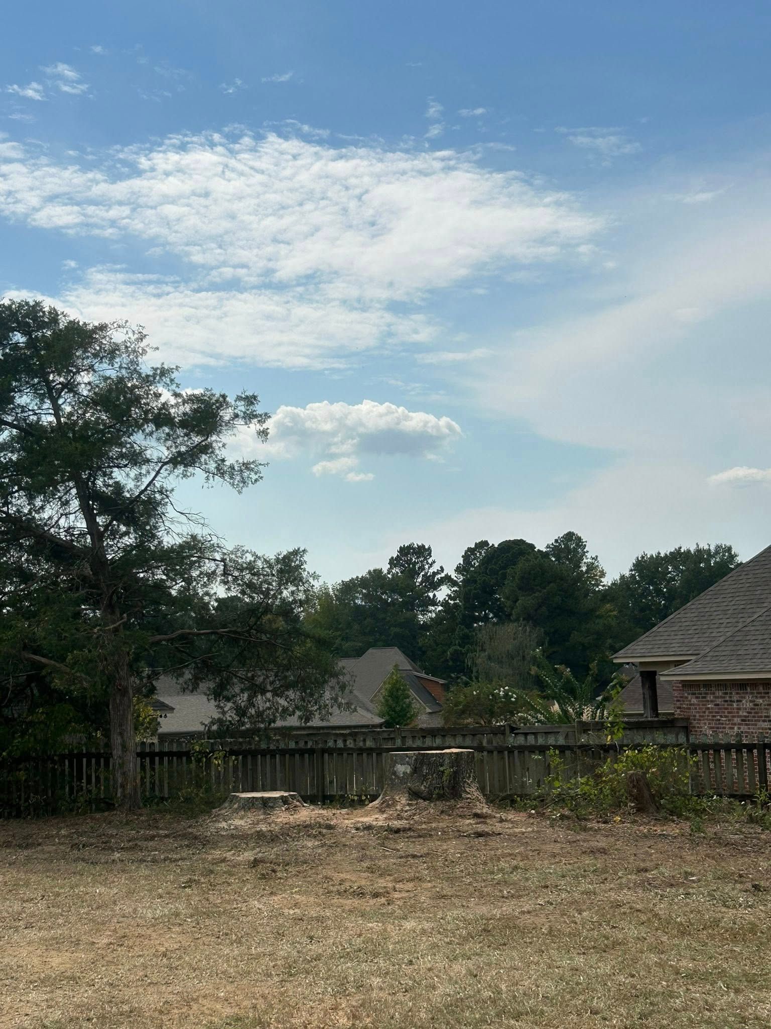 Rural yard with dry grass, trees, a fence, and thatched-roof buildings under a partly cloudy sky