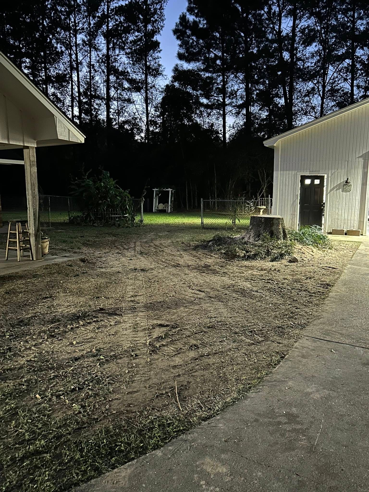 Outdoor yard between two white buildings at dusk, with trees in the background and a concrete path.