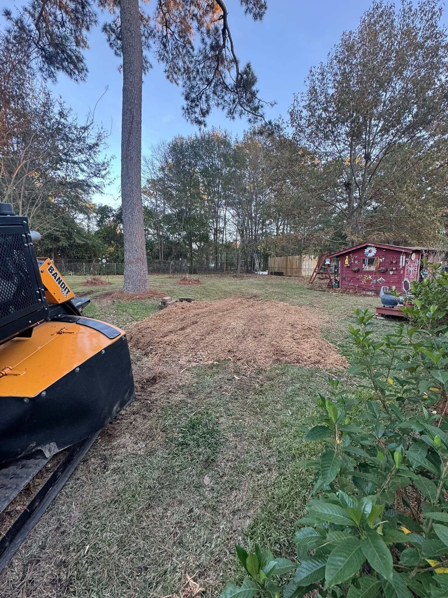 Orange-and-black excavator beside a leaf pile in a yard with trees and a red shed