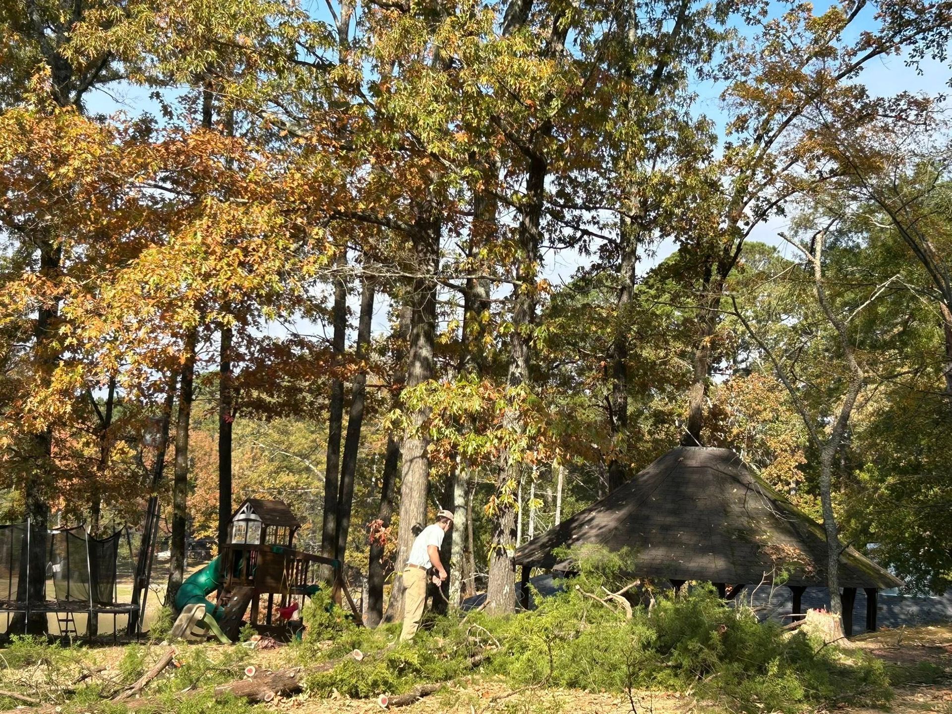 Autumn woodland campsite with trees, a thatched hut, and people near a small play area
