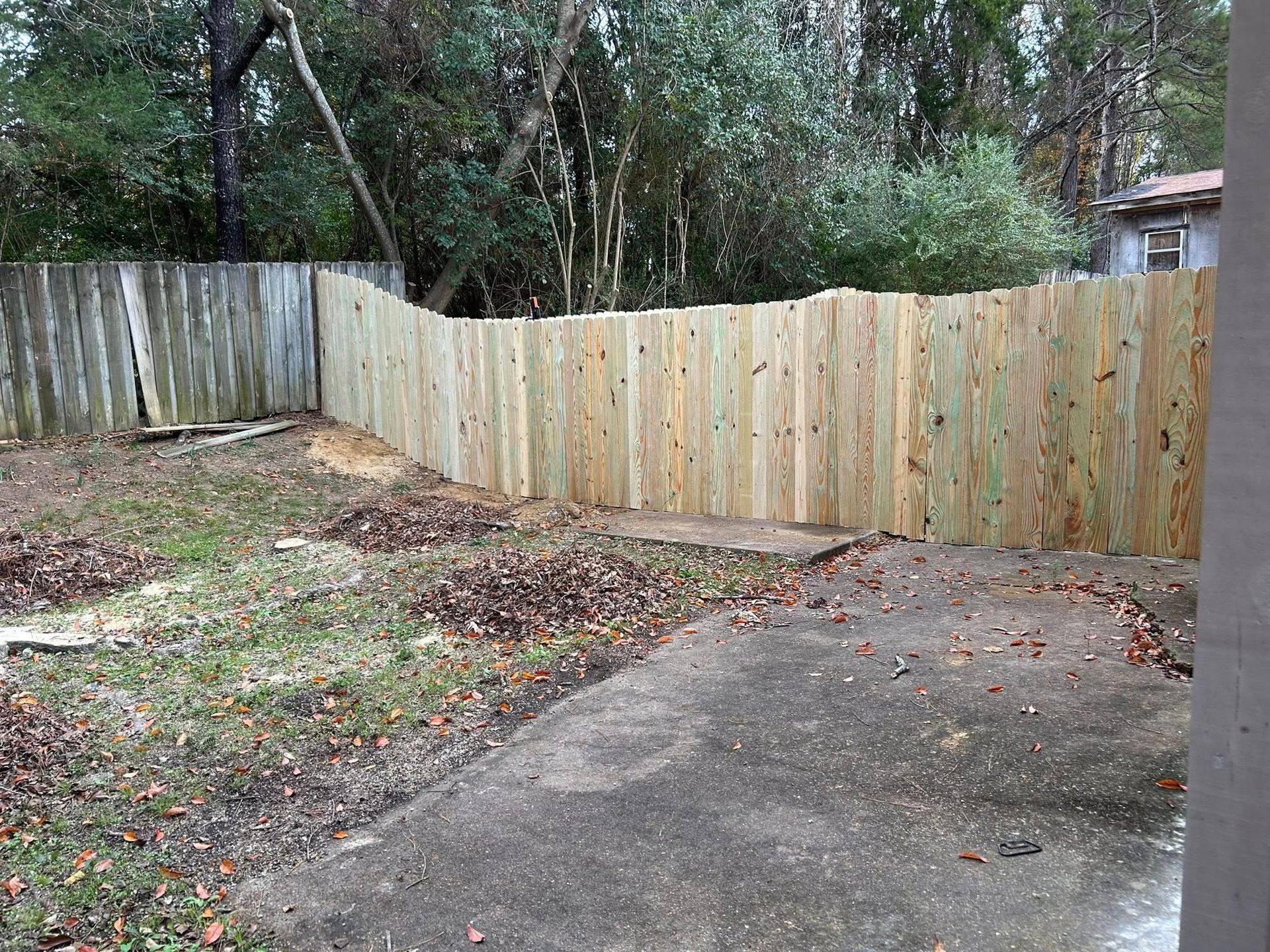 Concrete driveway beside a weathered wooden fence and leaf-strewn yard with trees beyond