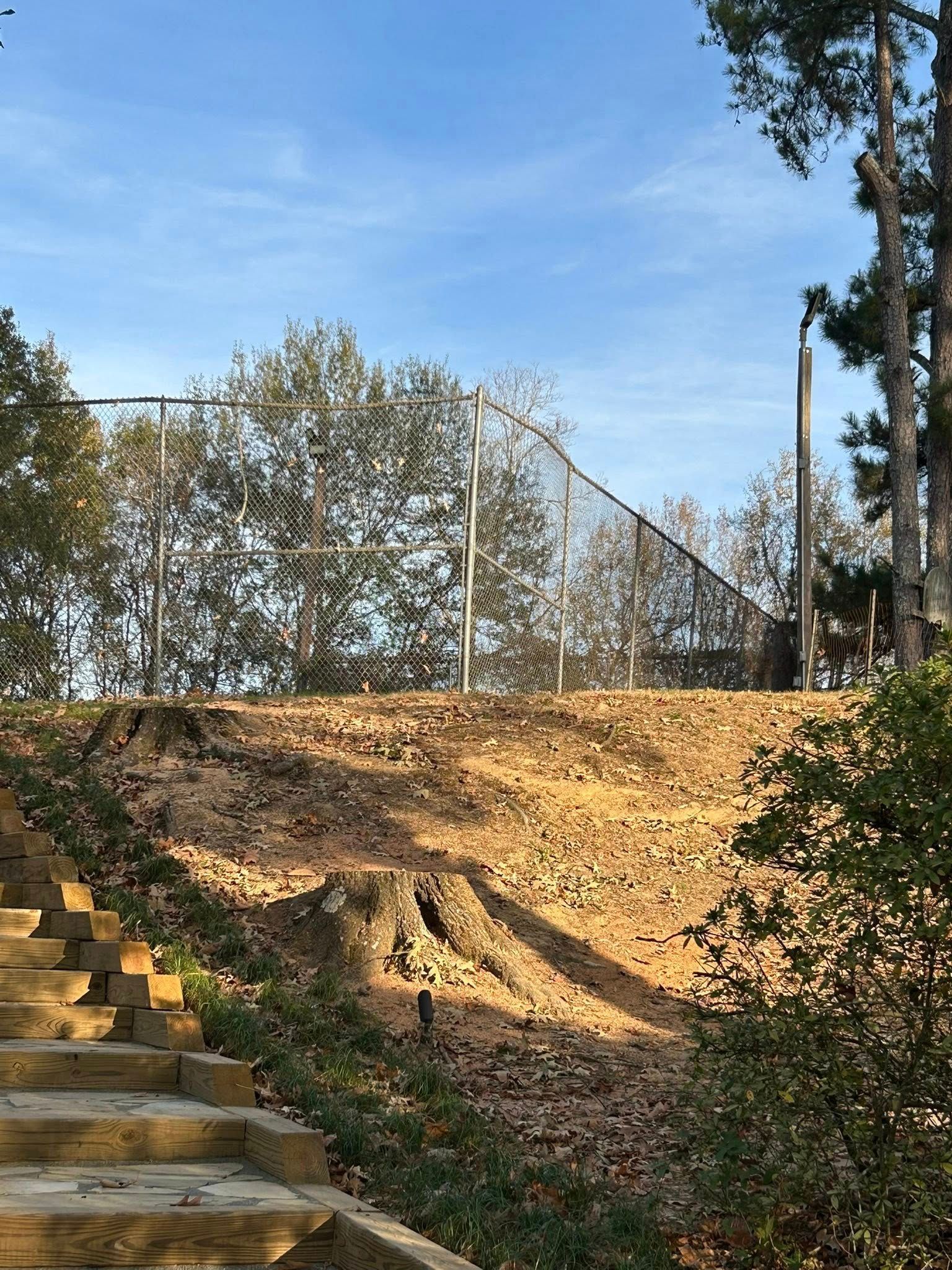 Sunlit dirt slope beside concrete steps, with chain-link fence and trees under a blue sky