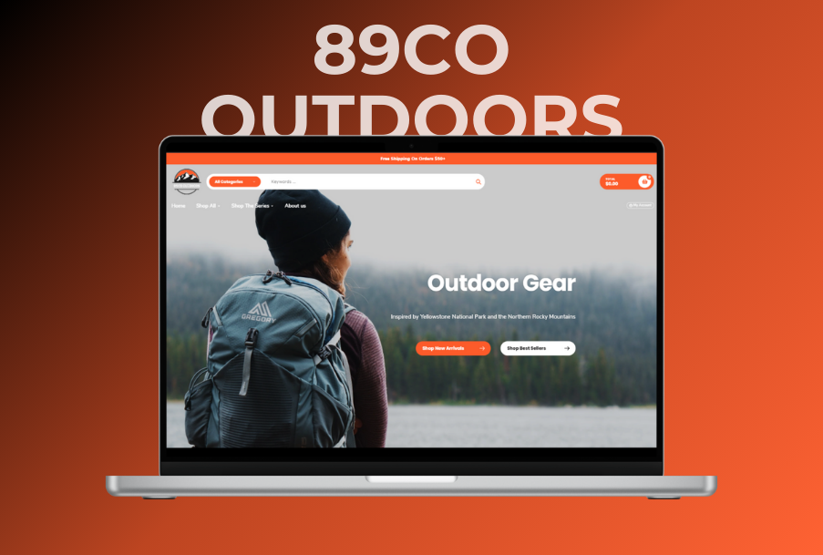 A laptop computer is open to a website for 89co outdoors.