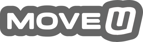 A black and white logo for move u on a white background.