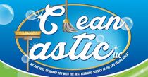 Cleanastic logo on a blue circle with white script and a small broom, set over green hills and sky