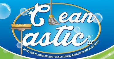 Cleanastic logo on a blue circle with white script and a small broom, set over green hills and sky