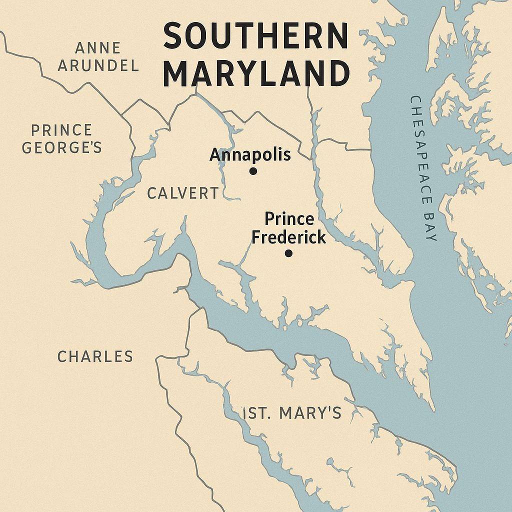 Map of Southern Maryland, highlighting Annapolis, Prince Frederick, and surrounding counties.