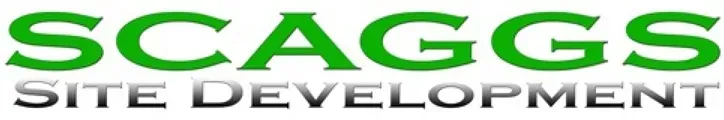 A green and white logo for scaggs site development and excavation.