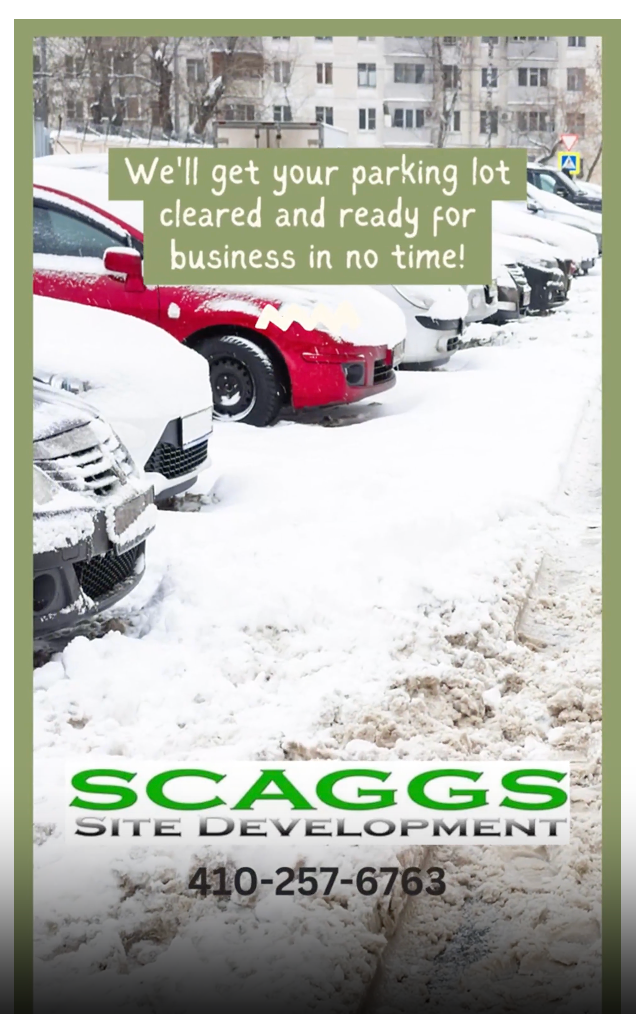 Advertisement for Scaggs Site Development. Snow-covered parking lot with text offering snow removal services.