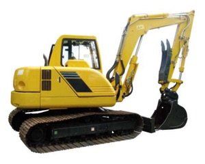 A yellow excavator with a black bucket on a white background.