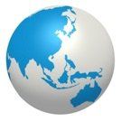 A white and blue globe with a map of the world on it.