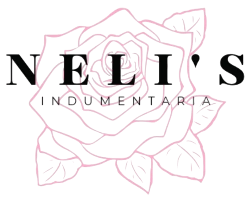 Logotipo de NELI'S Indumentaria con texto negro sobre una rosa de líneas rosas.