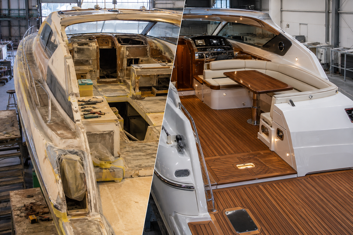 Vista divisa degli interni di uno yacht in fase di ristrutturazione, che mostra le parti in legno non rifinite accanto al ponte e alla cabina già completati.