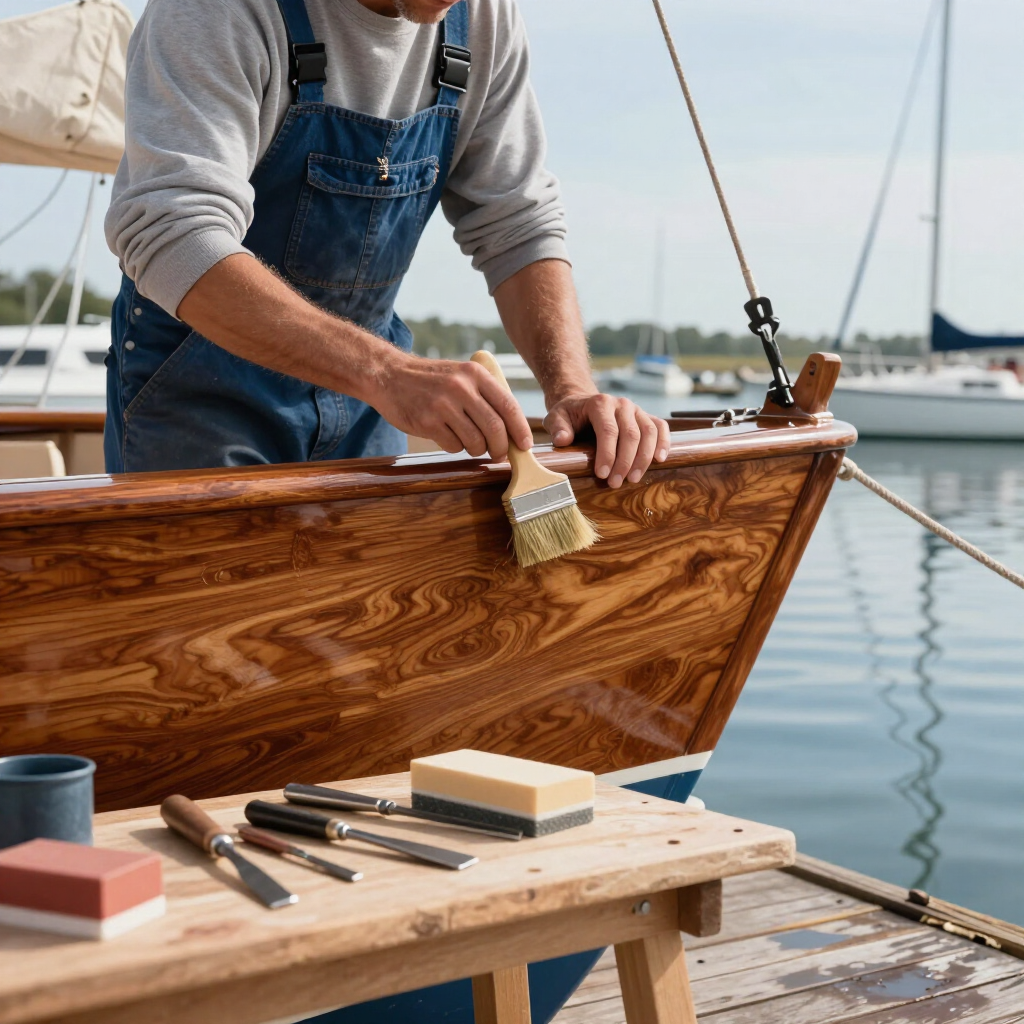 Vista divisa degli interni di uno yacht in fase di ristrutturazione, che mostra le parti in legno non rifinite accanto al ponte e alla cabina già completati.