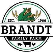 Brandt Family Farm logo: Corn, wheat, and farm animals inside a green and black circular design.