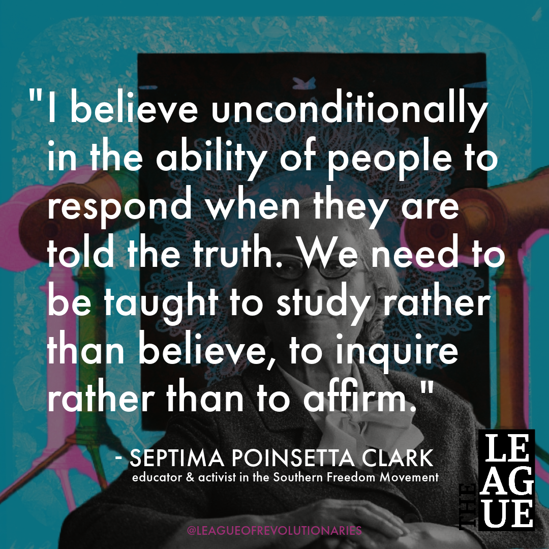 Quote on teal background with abstract red and black shapes: “Believe unconditionally…” by Septima Poinsette Clark