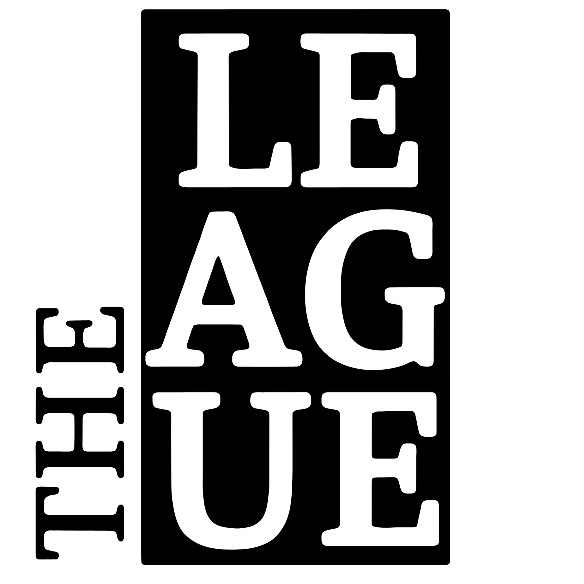 Black-and-white logo reading “THE LEAGUE” in stacked block letters on a black background