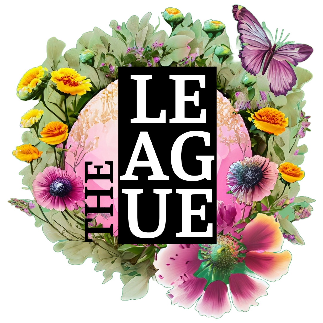 Floral collage with butterflies and black-and-white “THE LEAGUE” text in the center