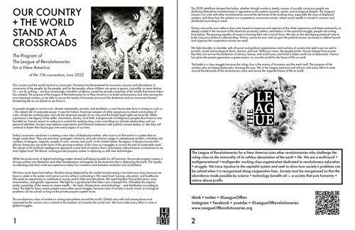 Two-page black-and-white magazine spread with dense text and large “League” logo on the right page.