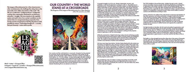 Open brochure spread with dense text and colorful artwork, titled “Our Country in the World”