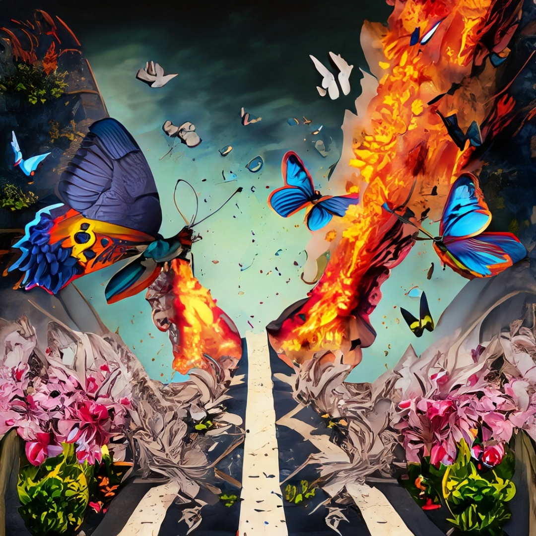 A painting of butterflies and flames on a road