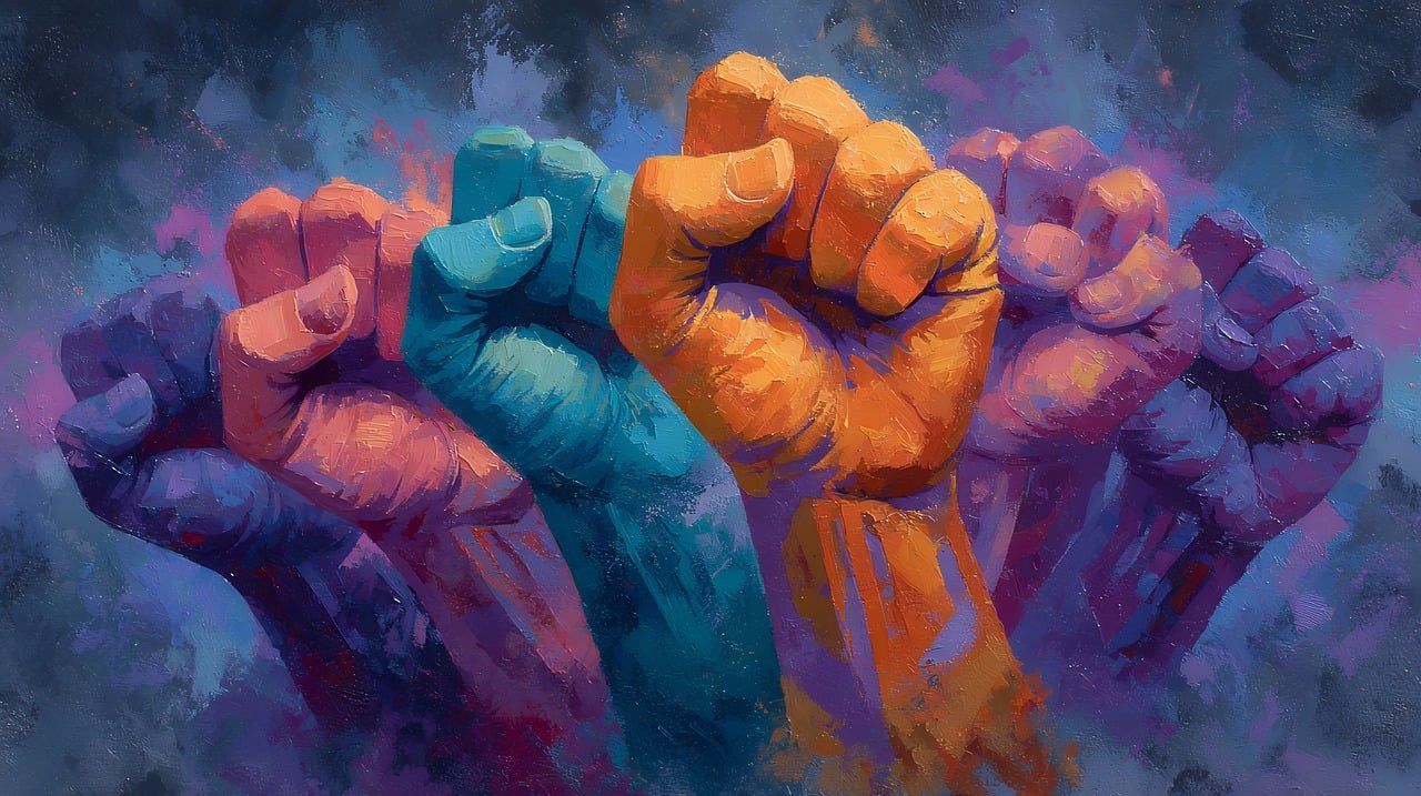 Five raised fists in shades of purple, red, teal, and orange against a hazy, colorful background.