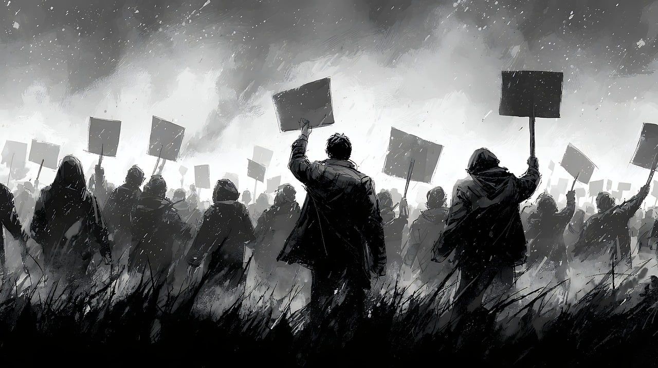 Fists raised, painted in purple, blue, orange, and red against a cloudy, colorful background.
