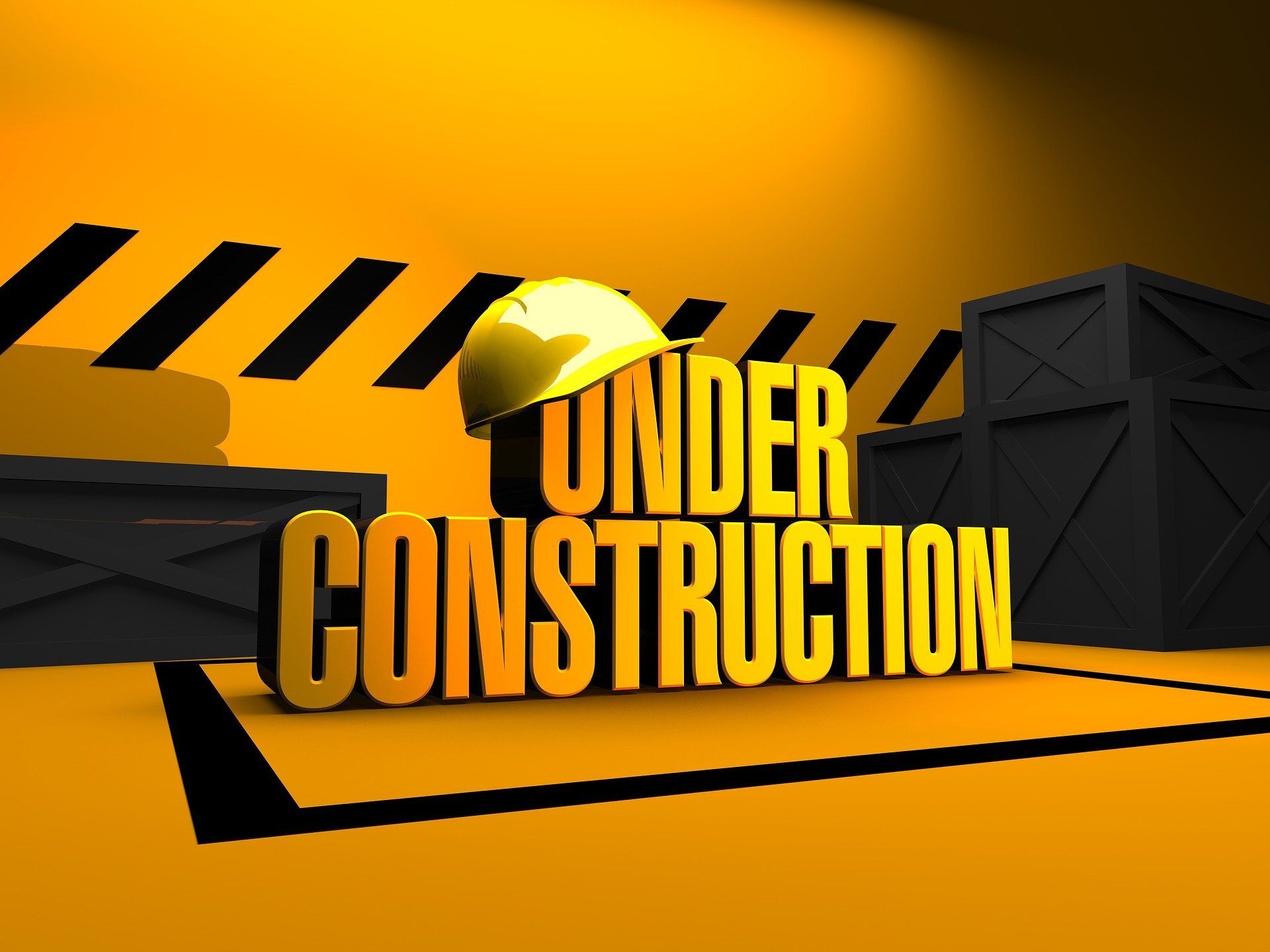 Yellow and black under construction sign with a hard hat on a caution-striped background