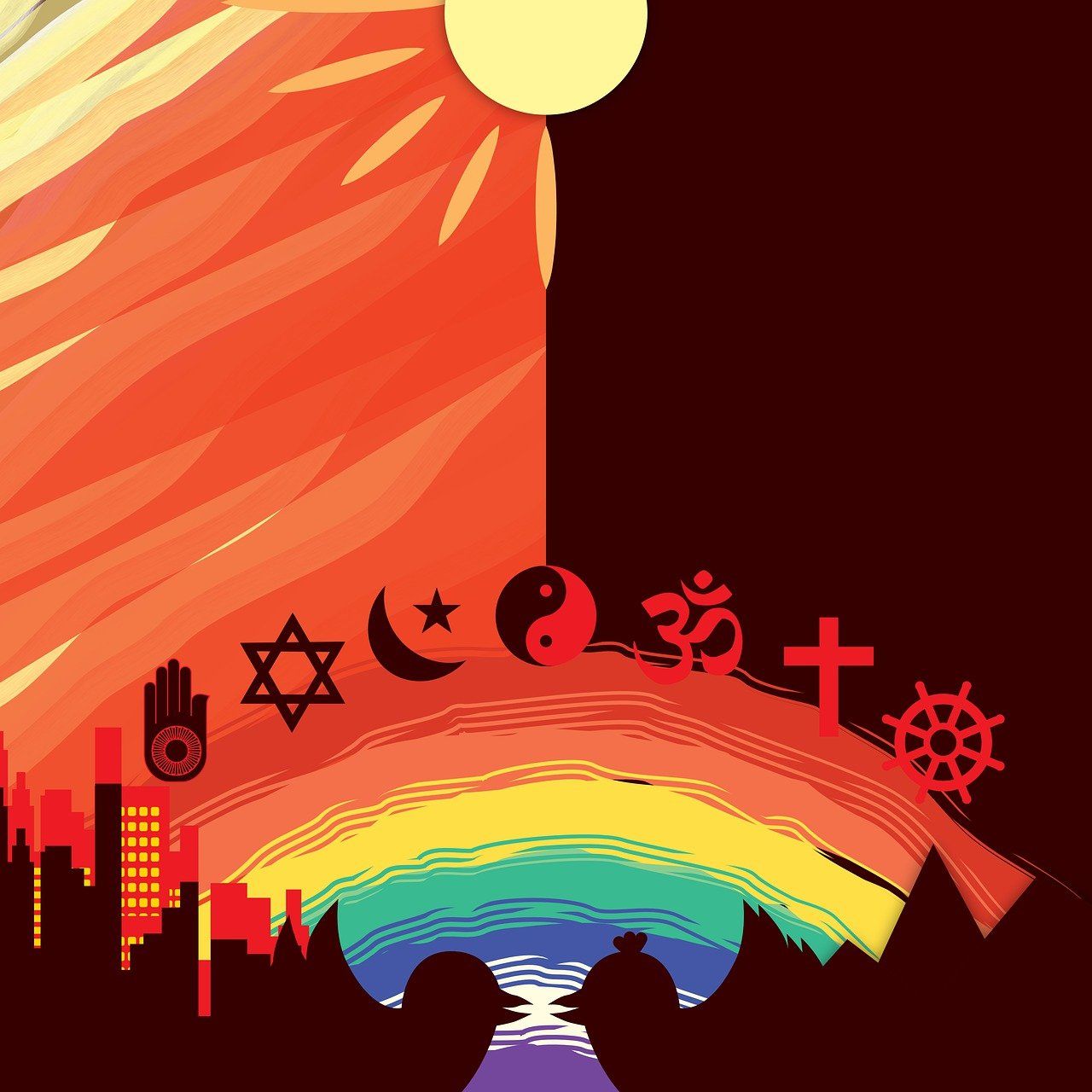 Fists raised, painted in purple, blue, orange, and red against a cloudy, colorful background.