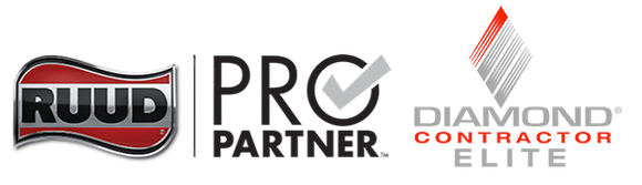 RUUD Pro Partner and Diamond Contractor Elite logos on a white background