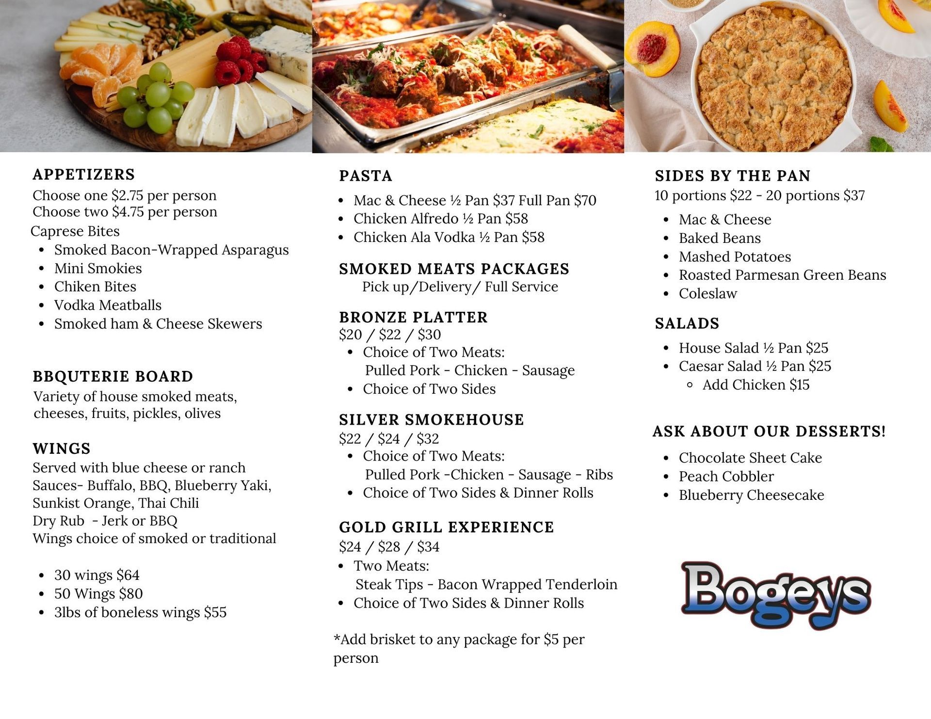 Restaurant menu with food photos, including appetizers, pasta, soups, and salad options with Bogeys logo.