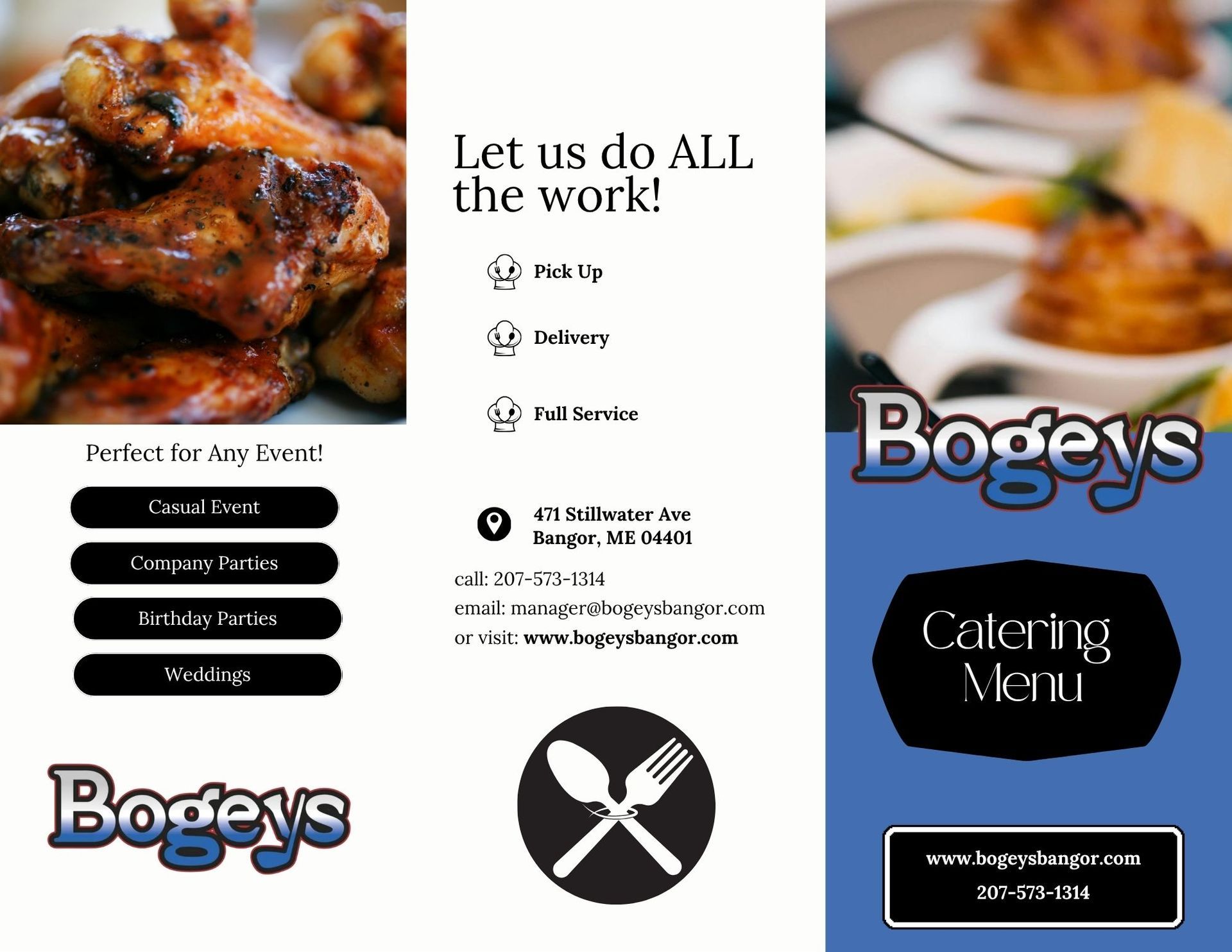 Catering flyer for Bogeys with grilled food photos, menu buttons, and contact details in black, white, and blue
