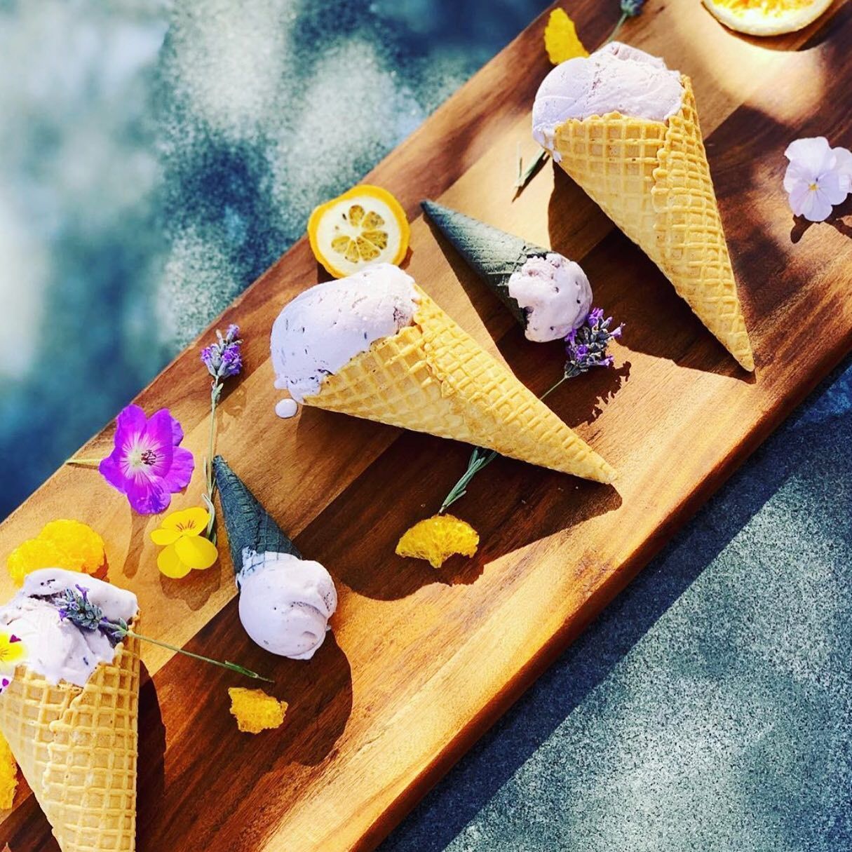 Ice cream cones on a wooden board