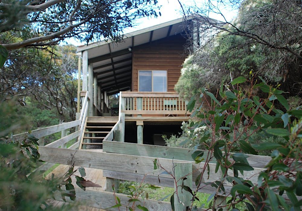 Wooden cabin with porch and steps in a wooded area, seen behind a fence.