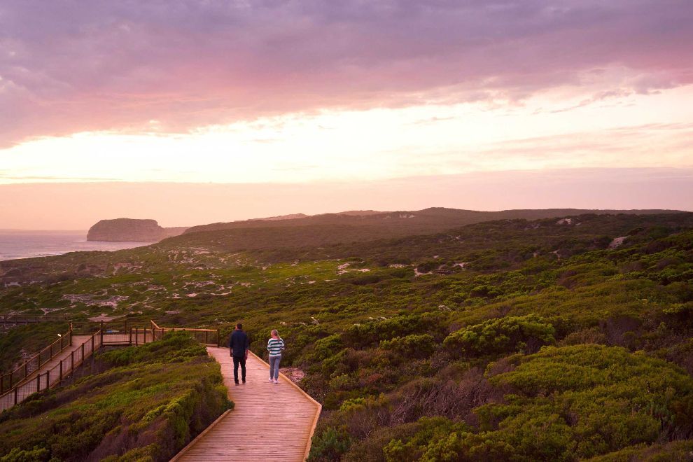 Two hikers on a wooden path through green hills at sunset, with ocean and a distant island in view