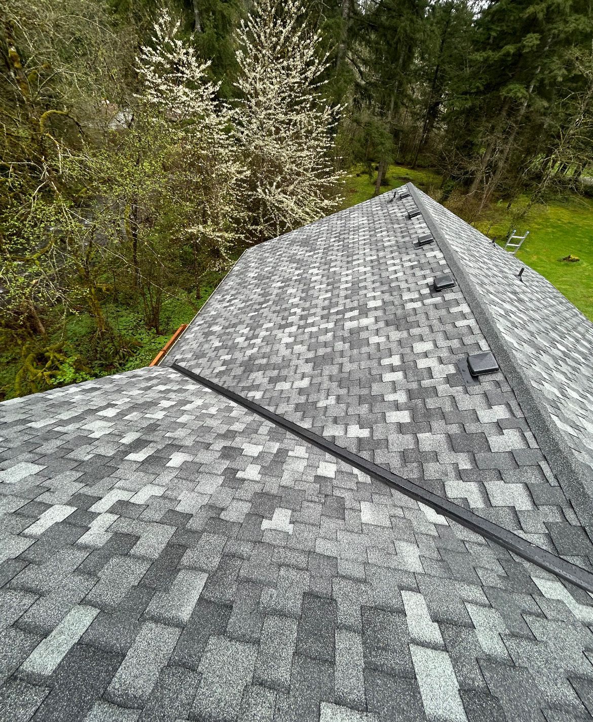 High-angle shot of a shingled roof with a valley and ridge vents, bordered by trees and a grassy lawn.