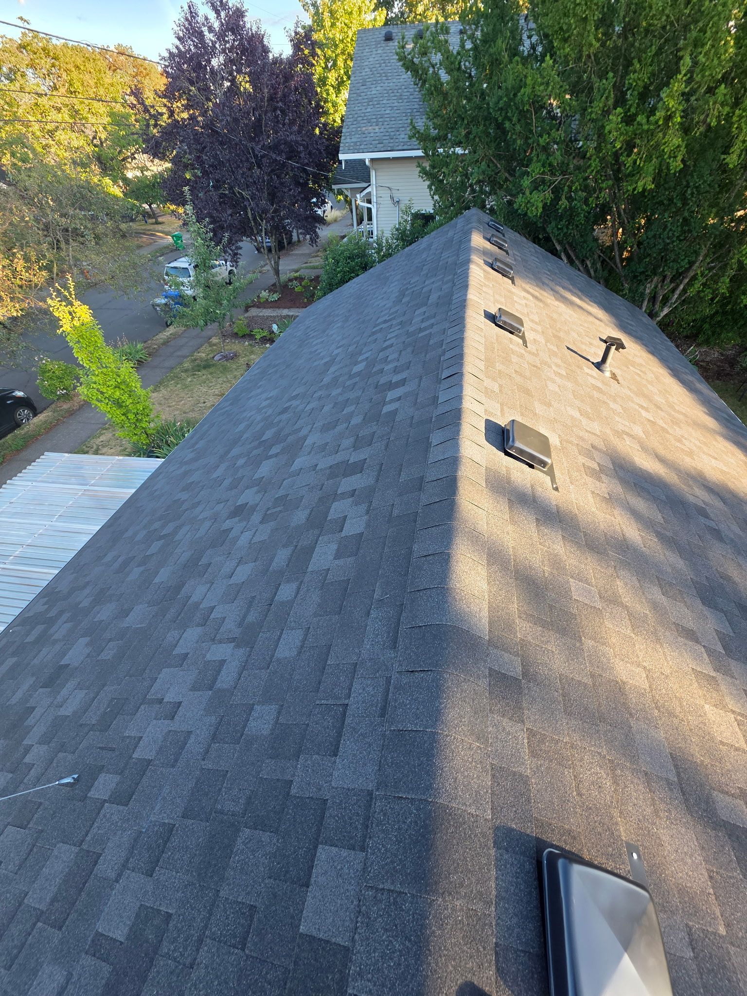 A view from a rooftop looking down the ridge, showing charcoal architectural shingles, roof vents, and trees below.