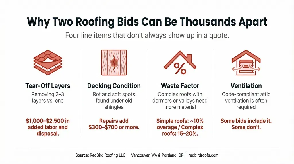 Infographic explaining four hidden cost factors that cause roofing bids to vary significantly