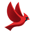 A stylized, minimalist illustration of a bright red cardinal bird in flight, shown in profile against a white background.