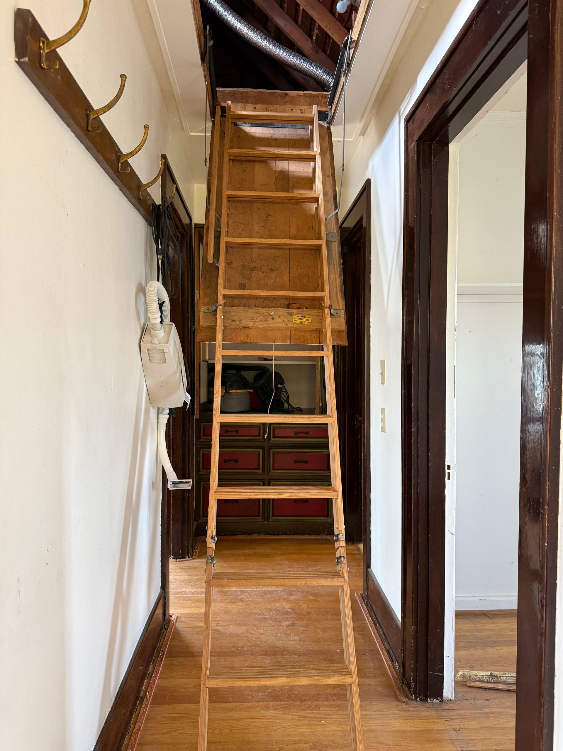 A steep wooden ladder leads from a hallway up to an open attic hatch in the ceiling.
