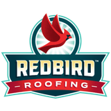 Logo for Redbird Roofing featuring a red cardinal bird above the company name in a dark blue and red banner.