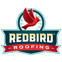 Logo for Redbird Roofing featuring a red cardinal bird above the company name in a dark blue and red banner.