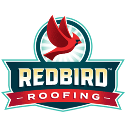 Logo for Redbird Roofing featuring a red cardinal bird above the company name in a dark blue and red banner.