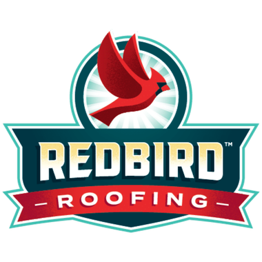 Logo for Redbird Roofing featuring a red cardinal bird above the company name in a dark blue and red banner.
